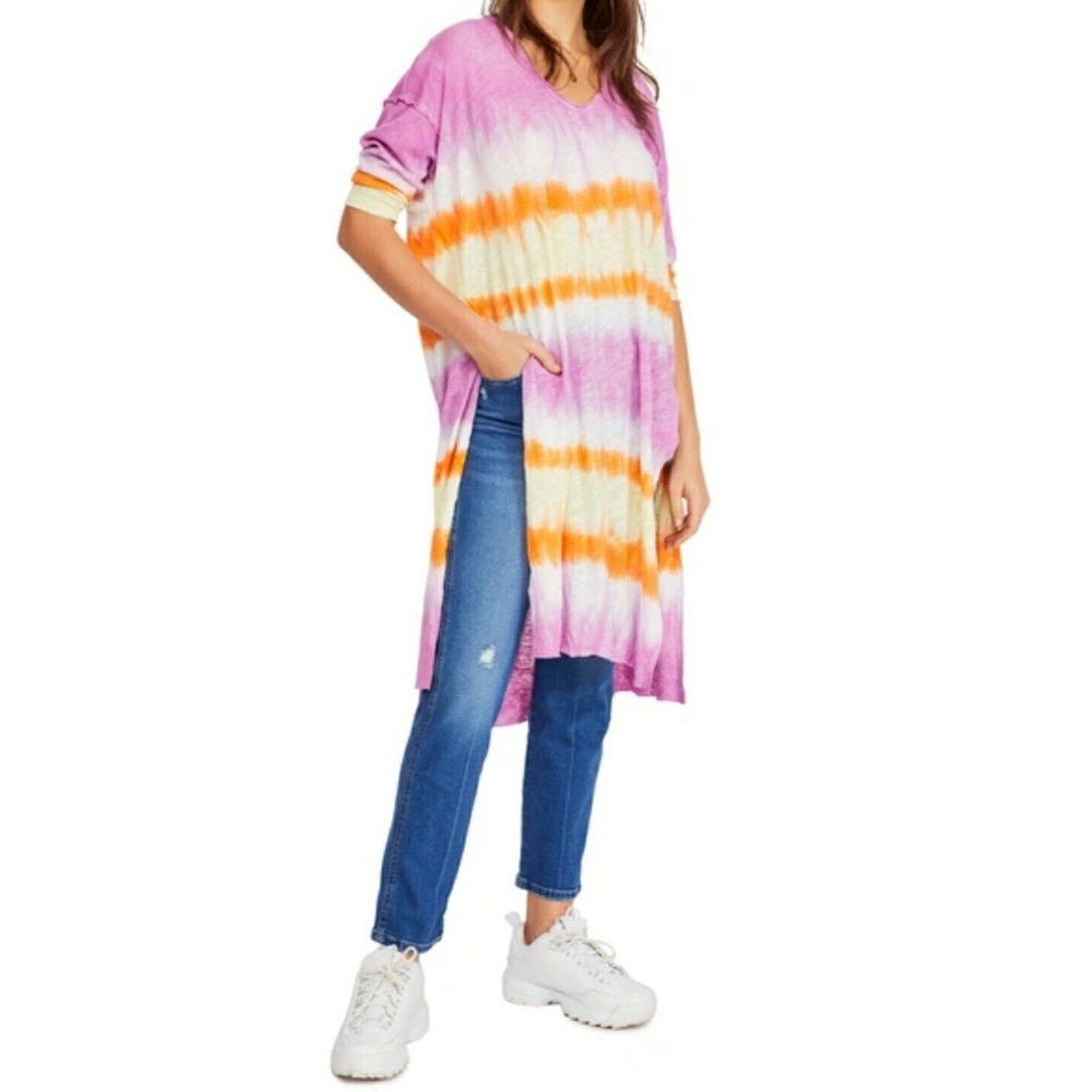 We The Free Oversized Tie Dye Tunic Top Women's Small Raw Seams Linen Midi Dress